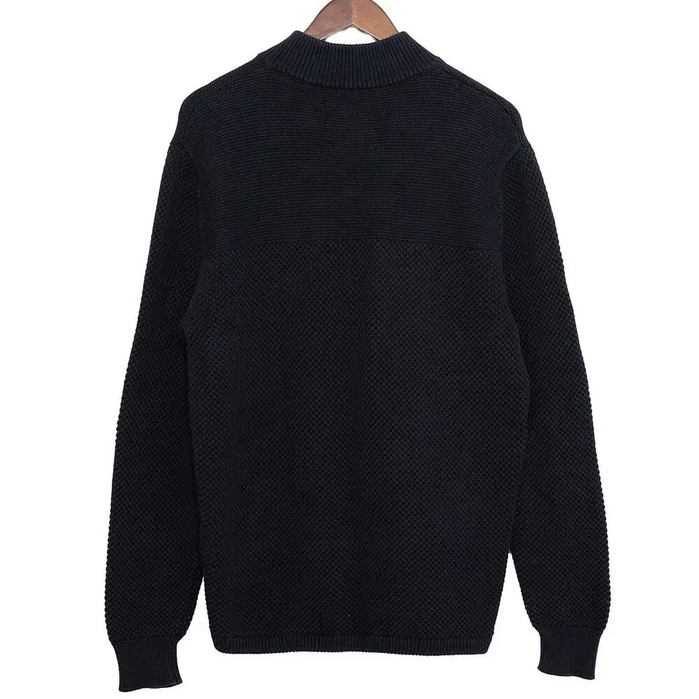 J.Crew Seed Stitch Sweater Men L Black Cotton Snap Mock Neck Pullover Preppy